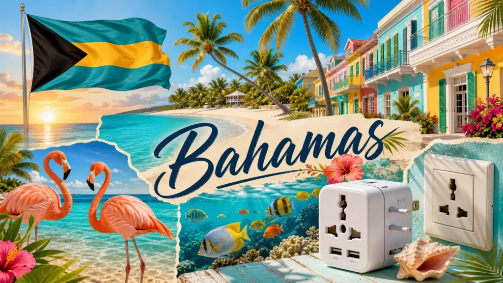 Illustration des Bahamas avec plages, flamants roses, drapeau et indication sur les prises électriques et adaptateurs
