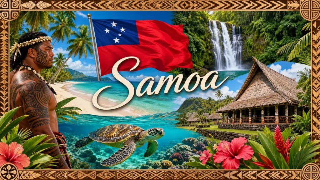 Illustration des Samoa avec paysages tropicaux, cascades, village traditionnel, tortue marine et drapeau des Samoa, avec le nom Samoa intégré
