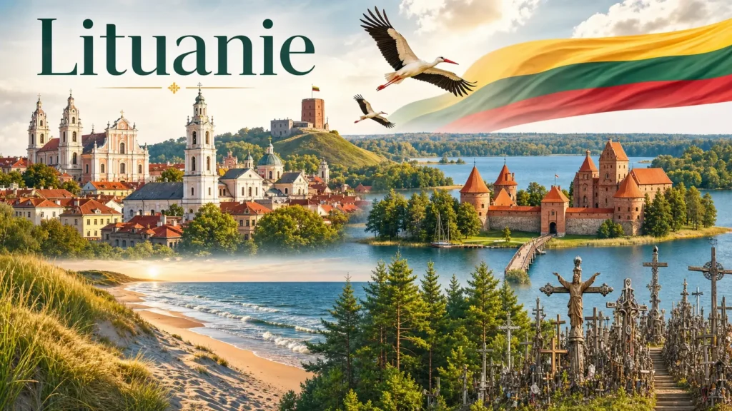 Illustration de la Lituanie avec le château de Trakai, la vieille ville de Vilnius, des cigognes et le drapeau lituanien en fond
