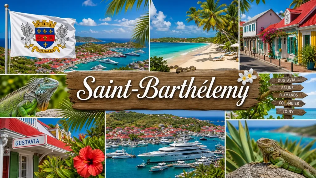 Illustration de Saint-Barthélemy avec plages tropicales, port de Gustavia, drapeau et ambiance caribéenne
