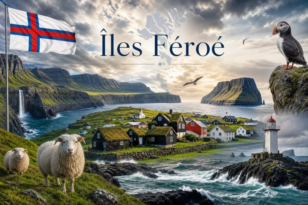 Illustration des Îles Féroé avec falaises, village typique, moutons, drapeau féroïen et nom du pays intégré