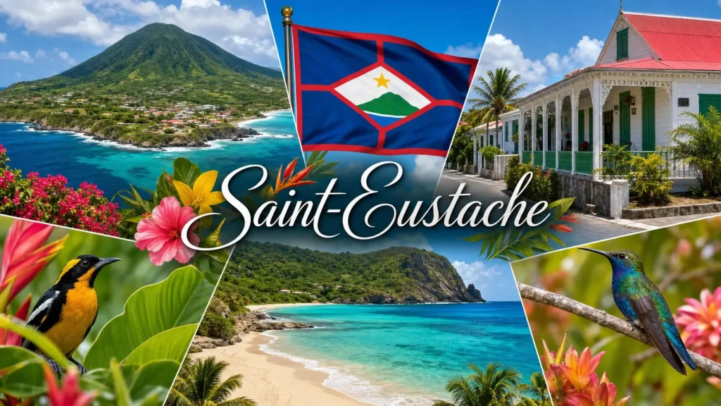 Illustration de Saint-Eustache avec volcan Quill, paysage tropical, drapeau local et nom du pays, pour un guide sur les prises électriques et adaptateurs

