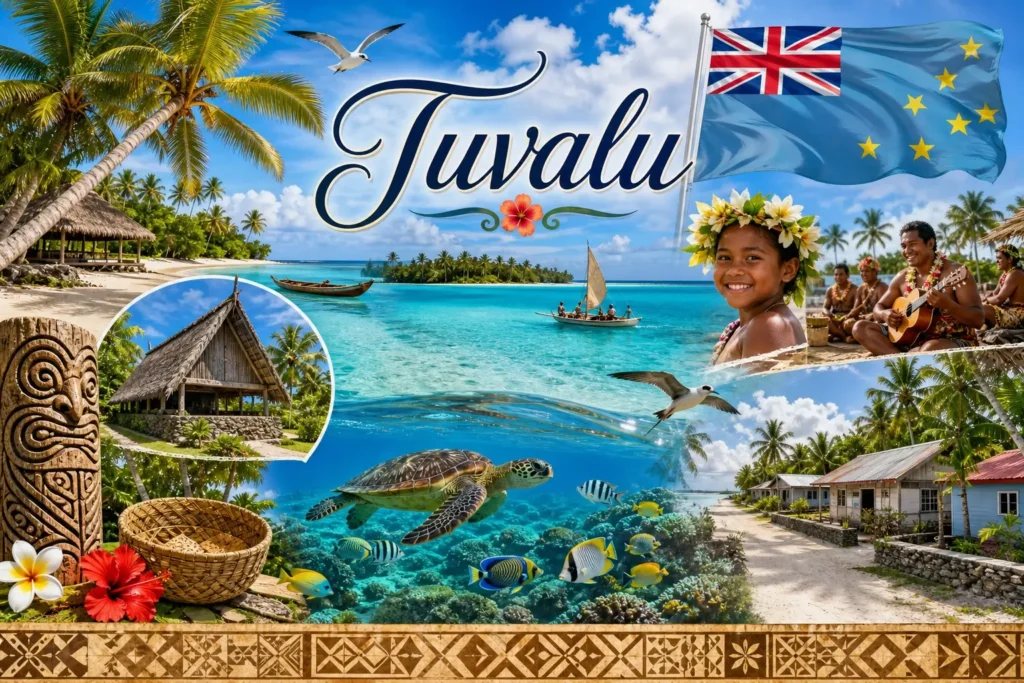 Illustration de Tuvalu avec plages tropicales, cocotiers, faune marine et drapeau national, avec le nom du pays affiché

