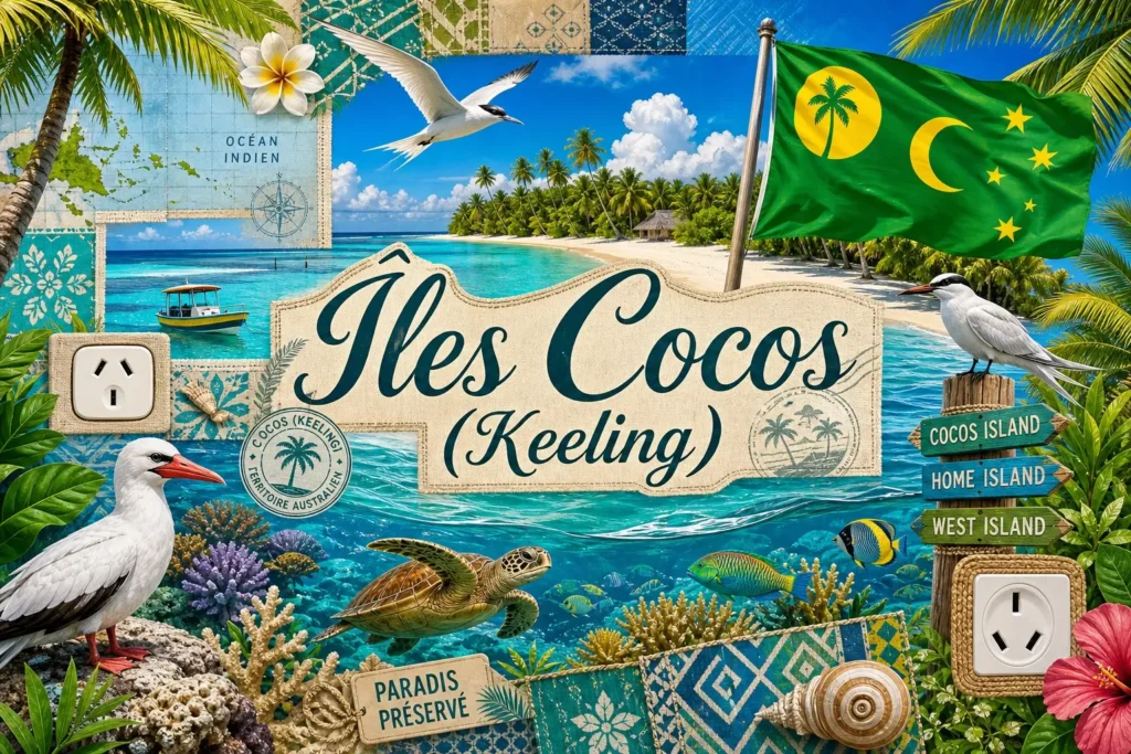 Illustration des îles Cocos (Keeling) avec plages tropicales, cocotiers, drapeau officiel et mention du pays, évoquant les prises électriques et adaptateurs utilisés sur place
