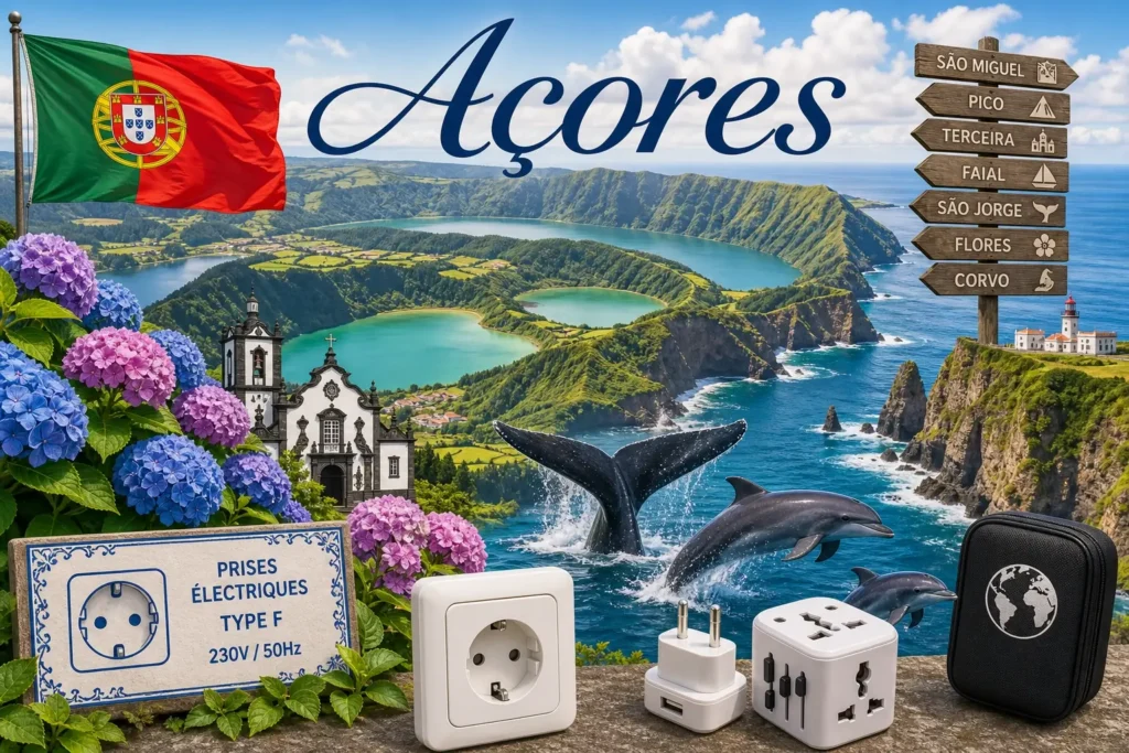 Illustration des Açores avec paysages volcaniques, océan, animaux marins et drapeau portugais, incluant des prises électriques et adaptateurs de voyage
