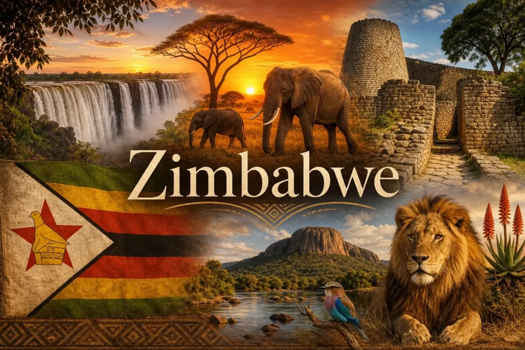 Illustration du Zimbabwe avec les chutes Victoria, des éléphants, les ruines du Grand Zimbabwe et le drapeau national, avec le nom du pays affiché
