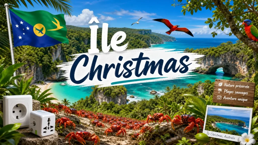 Illustration de l’île Christmas avec paysages tropicaux, crabes rouges, drapeau australien et mention Île Christmas, pour guide des prises électriques et adaptateurs