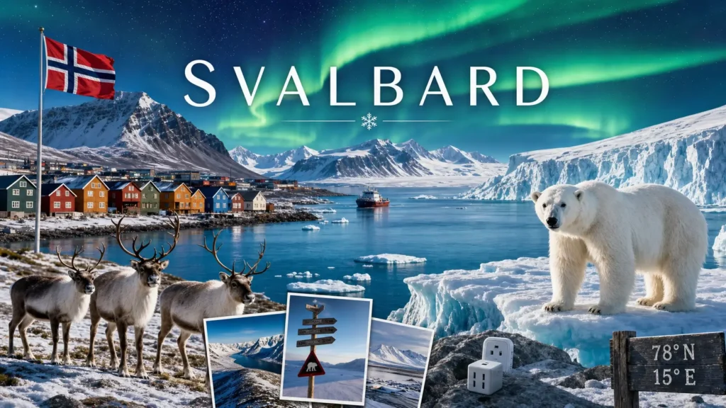 Illustration du Svalbard avec paysages arctiques, aurores boréales, ours polaire et drapeau de la Norvège, avec le nom Svalbard intégré dans l’image