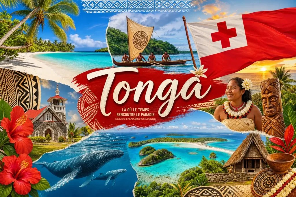 Illustration des Tonga avec paysages tropicaux, symboles locaux et drapeau, utilisée comme image de couverture pour les prises électriques et adaptateurs aux Tonga

