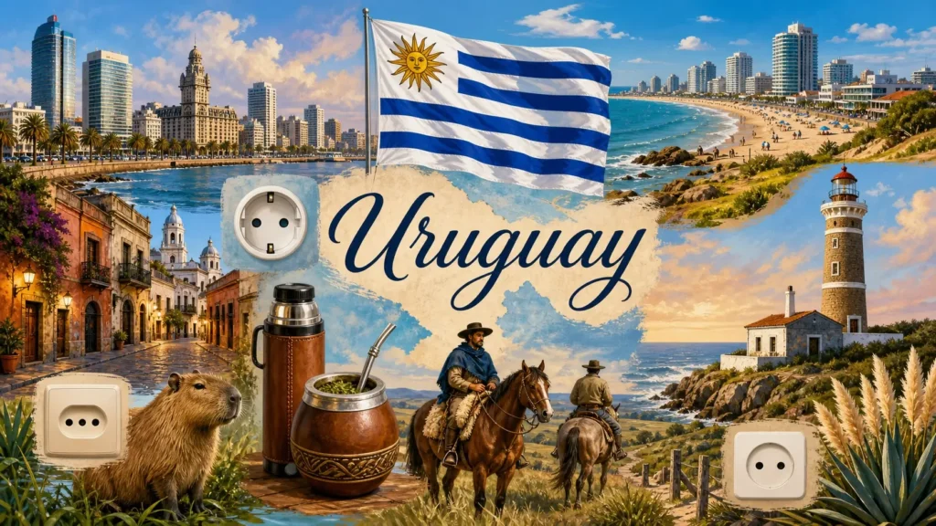 Illustration de l’Uruguay avec monuments, plages, animaux locaux et drapeau, représentant les prises électriques et adaptateurs utilisés dans le pays
