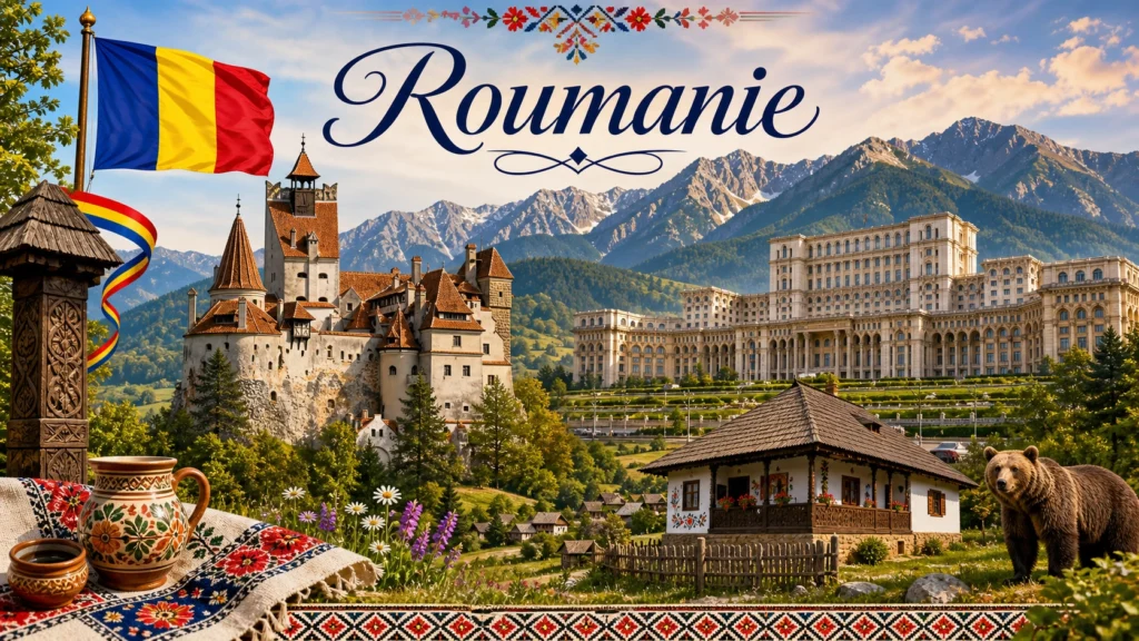 Illustration de la Roumanie avec ses monuments emblématiques, le drapeau roumain et le nom du pays en format paysage