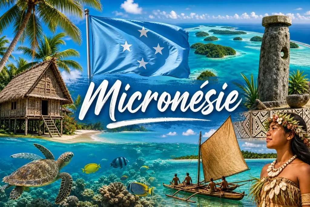 Illustration de la Micronésie avec paysages tropicaux, faune marine, drapeau micronésien et nom du pays en format paysage
