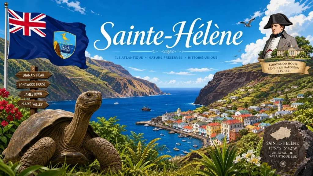 Illustration de Sainte-Hélène avec falaises volcaniques, Jamestown, tortue géante et drapeau officiel en format paysage
