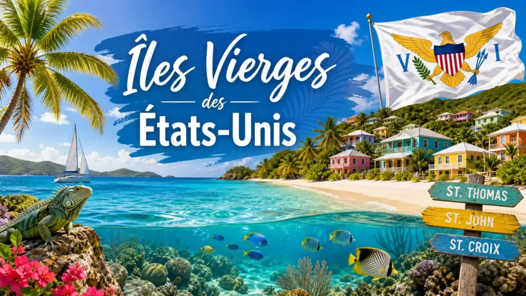 Illustration des Îles Vierges des États-Unis avec plages tropicales, palmiers, drapeau du territoire et nom du pays intégré, représentant une destination des Caraïbes ensoleillée
