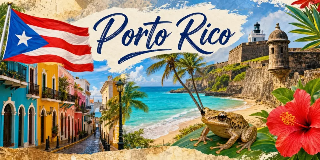 Illustration de Porto Rico avec monuments, plage tropicale, drapeau portoricain et nom du pays, représentant les prises électriques et adaptateurs nécessaires
