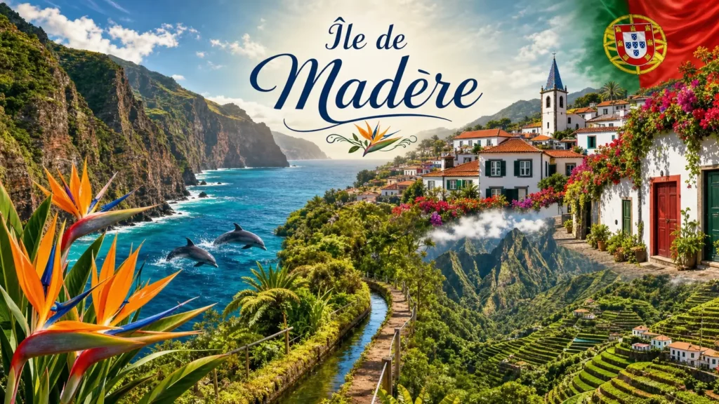 Illustration de l’île de Madère avec paysages, océan, fleurs tropicales et drapeau du Portugal, avec le texte Île de Madère
