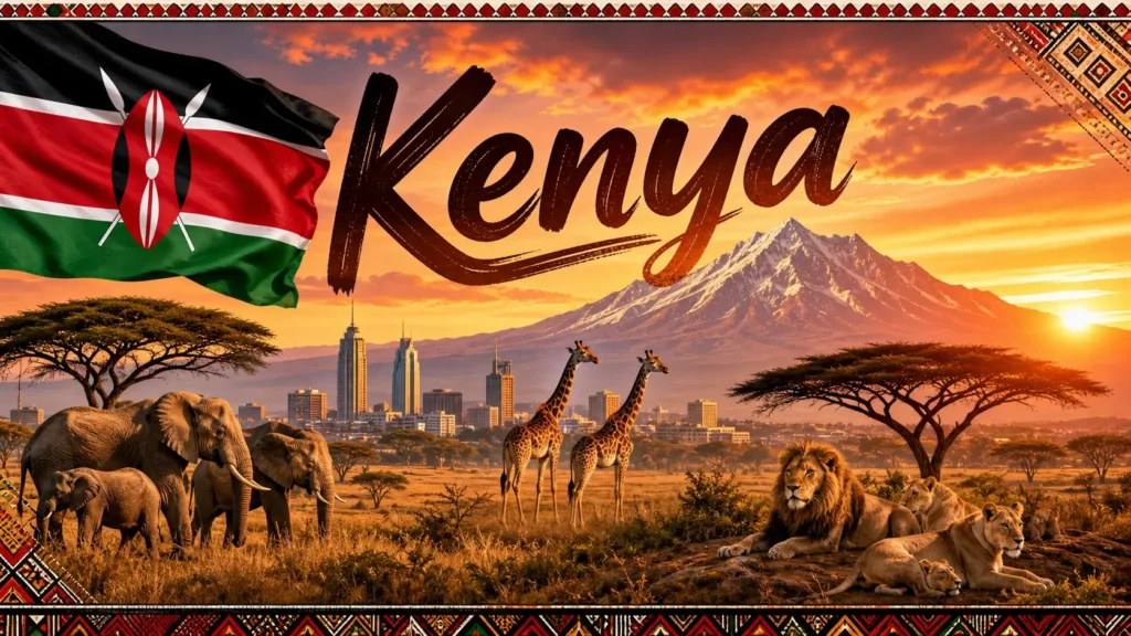 Image de couverture du Kenya avec animaux de la savane, mont Kenya, motifs masaï et drapeau kenyan illustrant les prises électriques au Kenya

