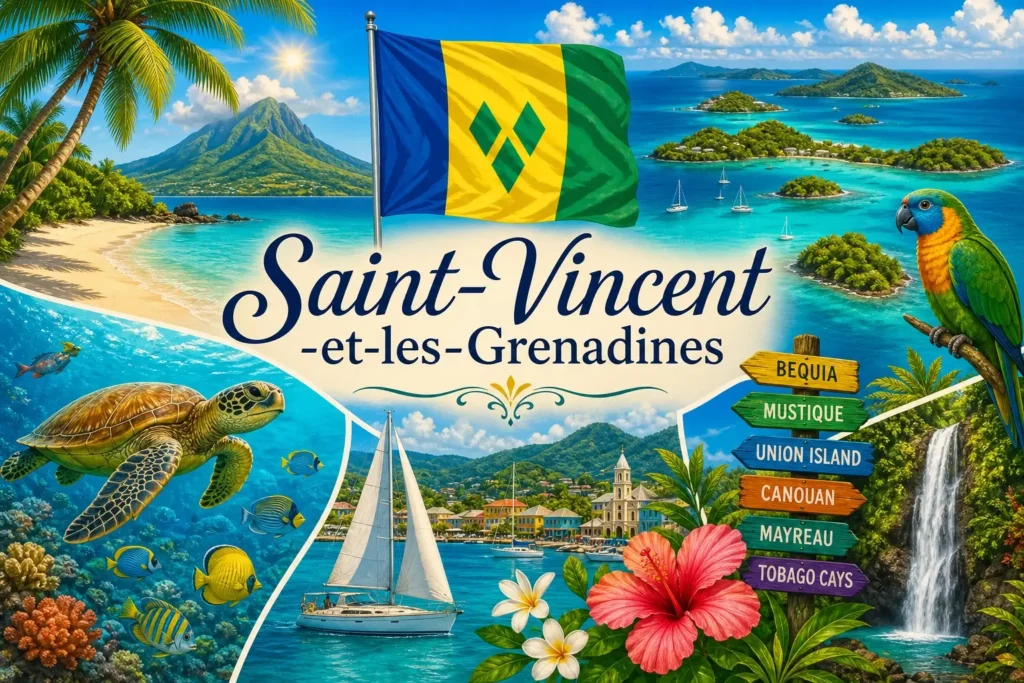 Illustration de Saint-Vincent-et-les-Grenadines avec paysages tropicaux, drapeau national et éléments emblématiques du pays
