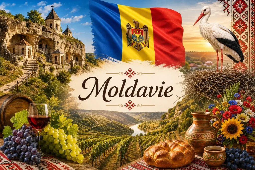 Illustration de la Moldavie avec monuments, paysages, cigogne et drapeau moldave, utilisée comme image de couverture pour les prises électriques et adaptateurs
