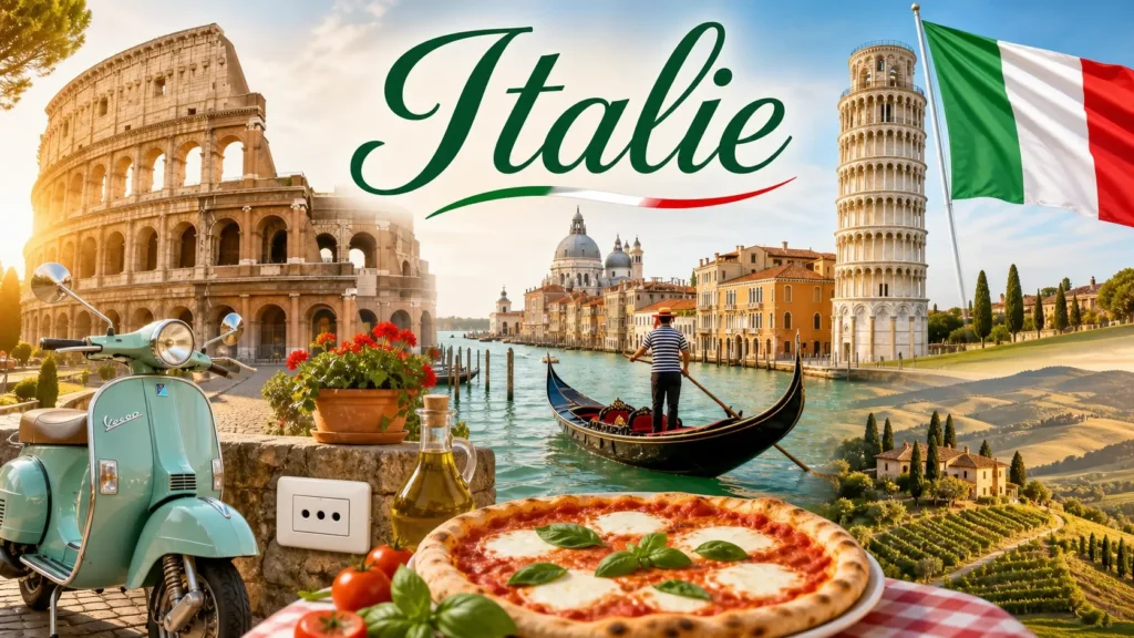 Illustration de l’Italie avec monuments emblématiques, drapeau italien et prise électrique de type L
