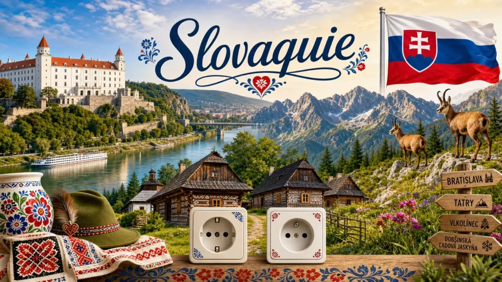 Illustration de la Slovaquie avec le château de Bratislava, les montagnes des Tatras, le drapeau slovaque et des prises électriques de type C et E