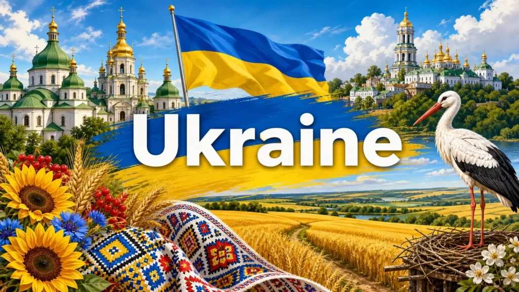 Illustration de l’Ukraine avec monuments emblématiques, champs de blé, motifs traditionnels et drapeau ukrainien, avec le nom du pays affiché
