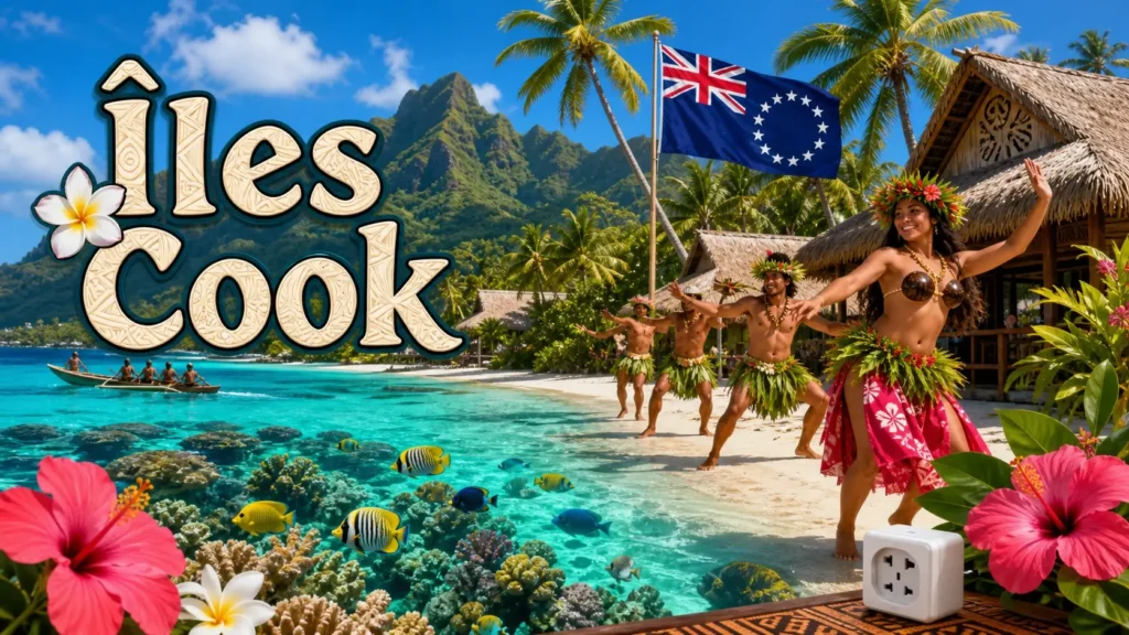 Illustration des Îles Cook avec lagon tropical, cocotiers, drapeau et éléments culturels, représentant les prises électriques et adaptateurs utilisés dans le pays