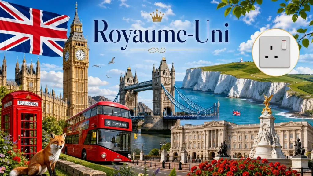 Illustration du Royaume-Uni avec monuments emblématiques, drapeau britannique et prise électrique type G en format paysage