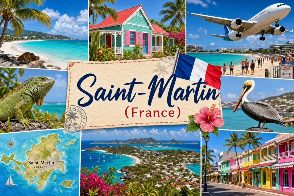 Illustration de Saint-Martin (France) avec plages tropicales, avion au-dessus de la plage, animaux et drapeau français, représentant les prises électriques et adaptateurs du pays.
