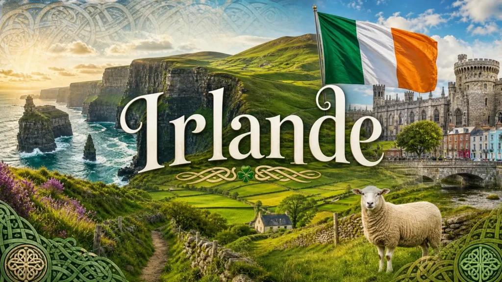 Illustration de l’Irlande avec falaises de Moher, paysage vert, mouton, drapeau irlandais et texte Irlande, pour guide des prises électriques
