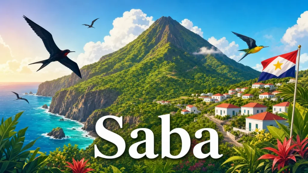 Illustration de l’île de Saba avec paysages volcaniques, maisons typiques, drapeau de Saba et le nom du pays, représentant les prises électriques locales
