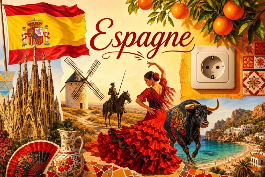 Illustration de l’Espagne avec monuments emblématiques, drapeau espagnol et prise électrique européenne type F
