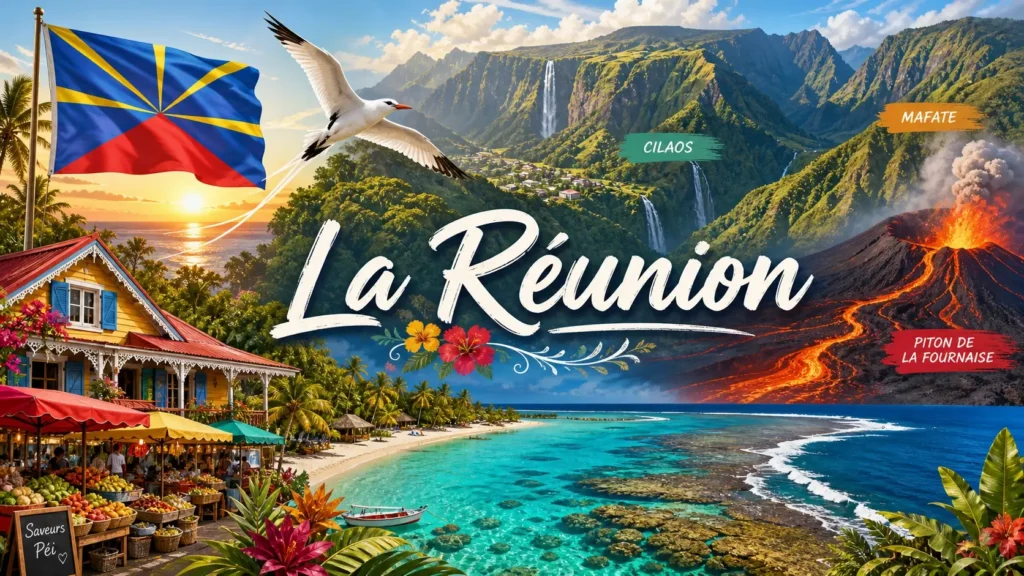 Illustration de l’île de La Réunion avec volcan, plages tropicales, paysages montagneux, drapeau réunionnais et nom du pays intégré.
