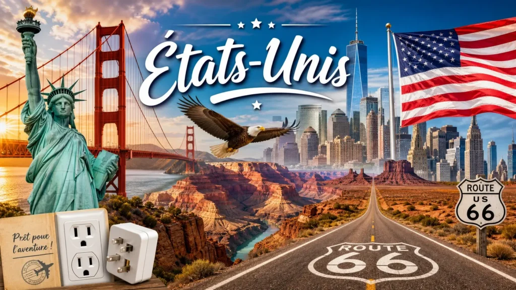Illustration des États-Unis avec monuments emblématiques, drapeau américain et prises électriques de type A et B
