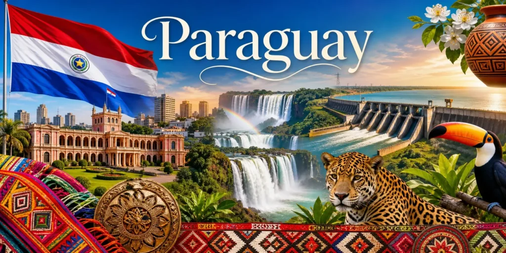 Illustration du Paraguay avec monuments emblématiques, animaux locaux et drapeau, utilisée comme image de couverture pour les prises électriques au Paraguay