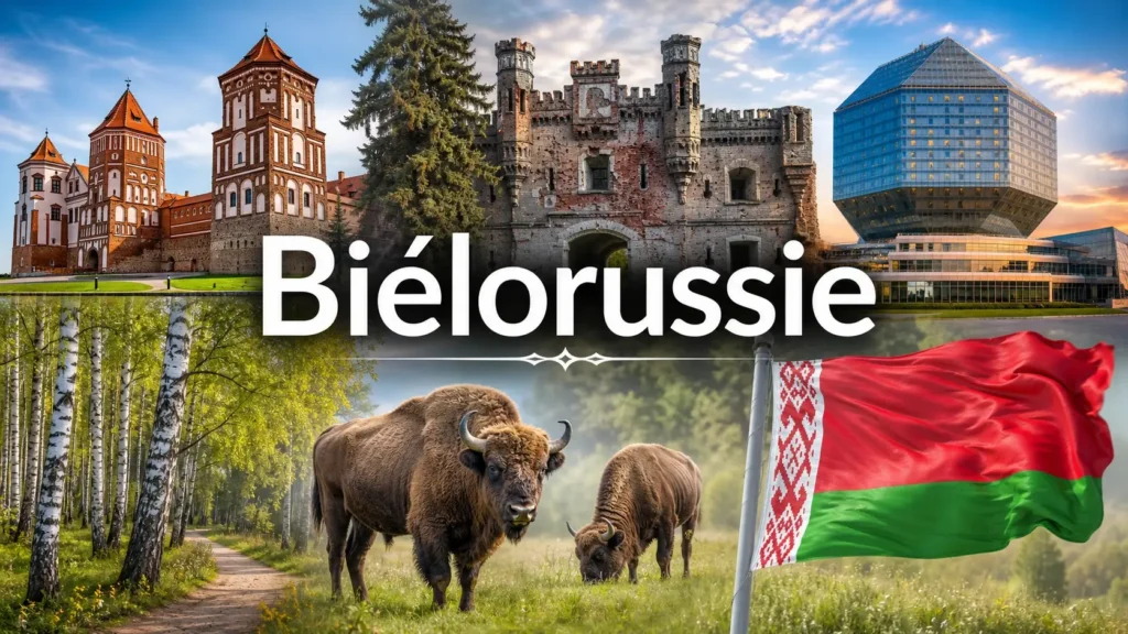 Illustration de la Biélorussie avec monuments célèbres, nature et drapeau, indiquant les prises électriques et adaptateurs du pays