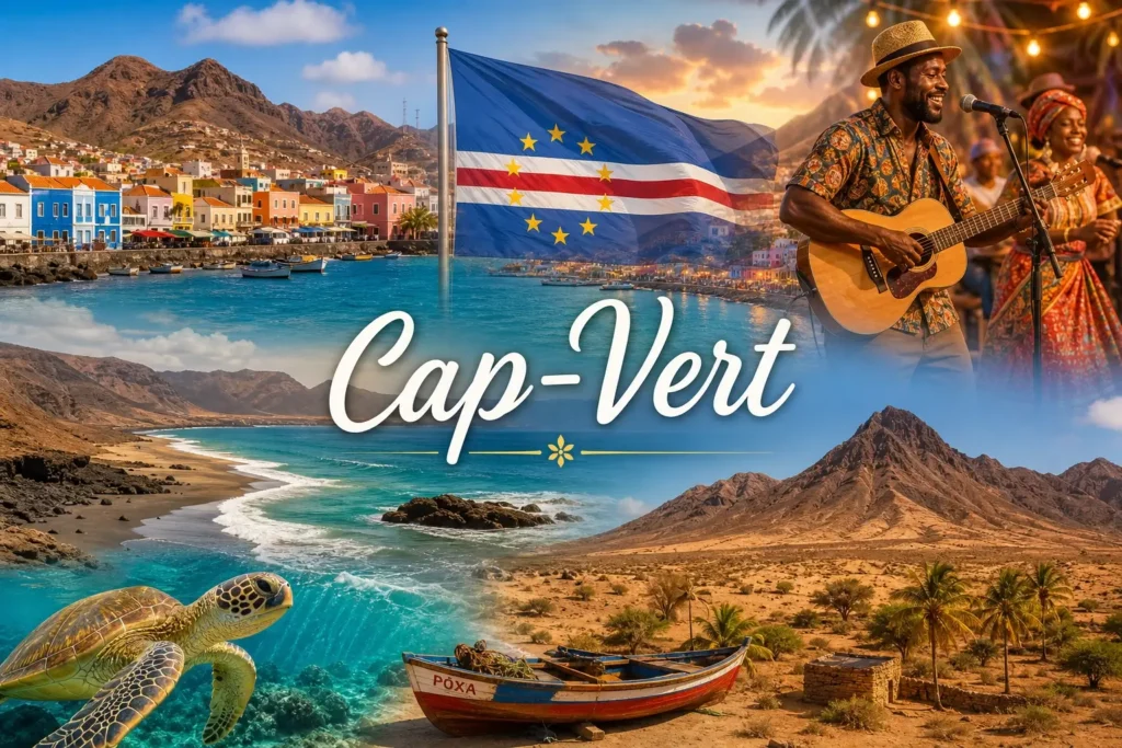 Illustration du Cap-Vert avec paysages volcaniques, océan, maisons colorées et drapeau capverdien en arrière-plan
