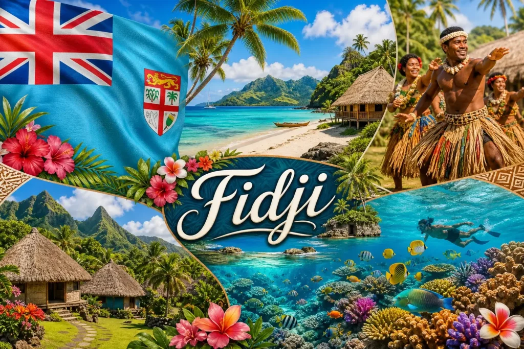 Illustration des Fidji avec plages tropicales, éléments culturels et drapeau, représentant les prises électriques et adaptateurs du pays
