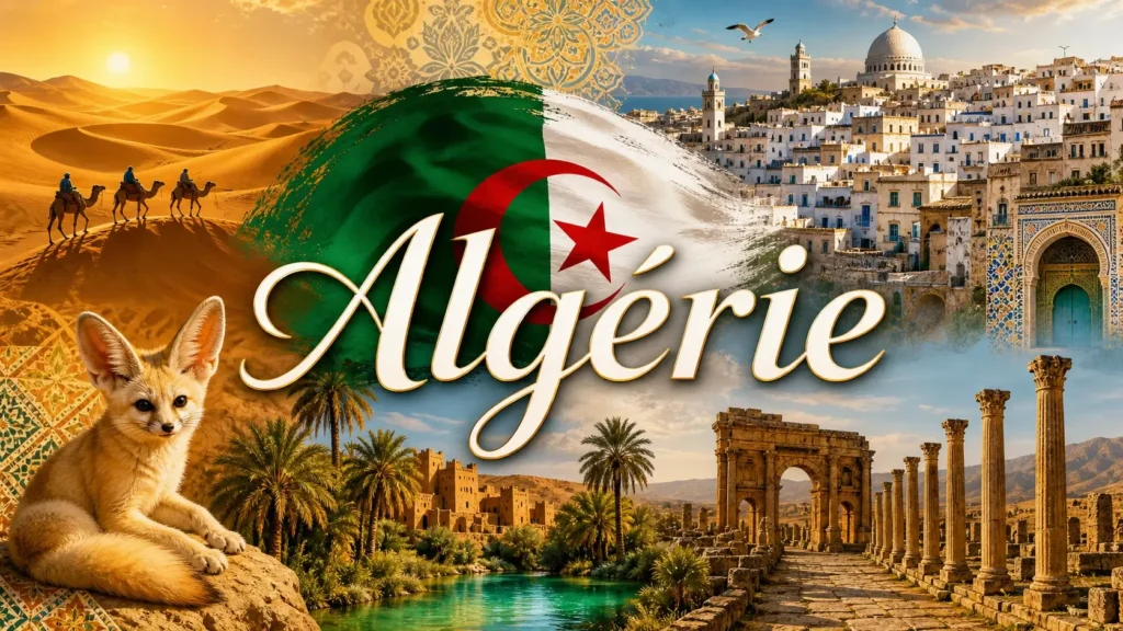 Illustration de l’Algérie avec désert du Sahara, Casbah d’Alger, fennec et drapeau algérien, pour guide des prises électriques et adaptateurs