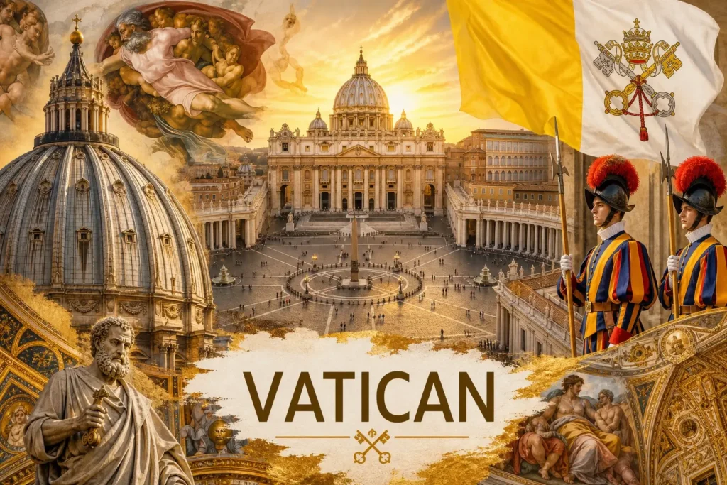 Illustration du Vatican avec la basilique Saint-Pierre, des gardes suisses et le drapeau du Vatican, avec le nom du pays intégré
