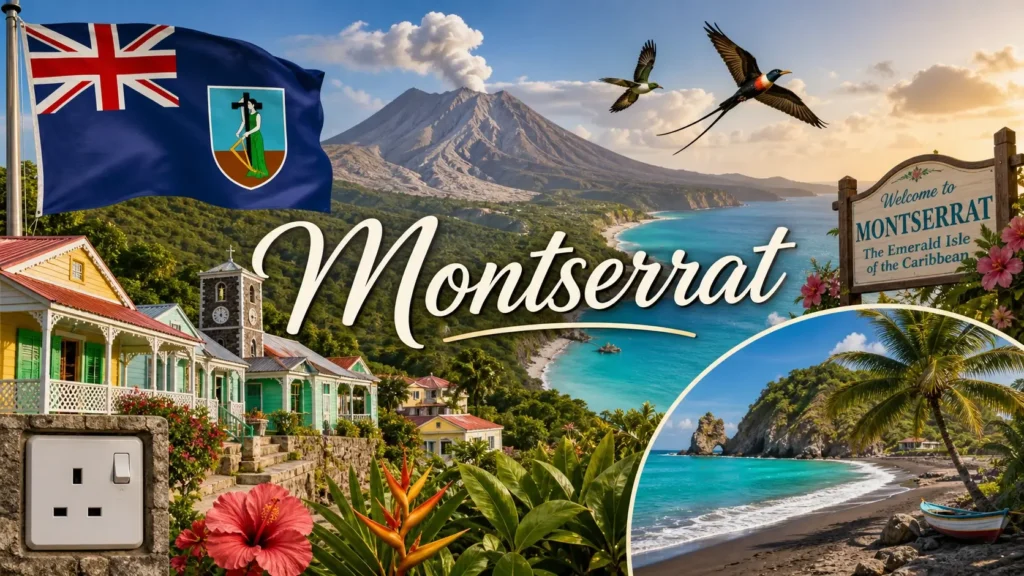 Illustration de Montserrat avec volcan Soufrière Hills, plages tropicales, drapeau et prise électrique type G en format paysage
