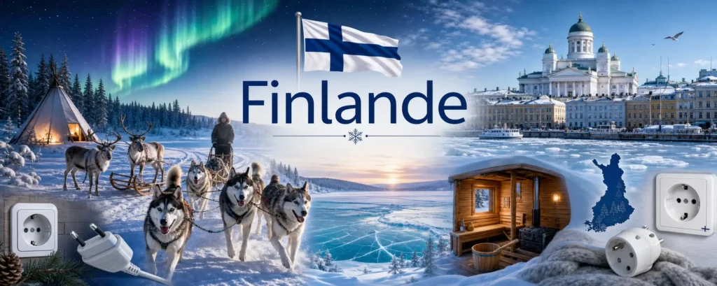 Illustration de la Finlande avec aurores boréales, rennes, Helsinki, drapeau finlandais et prises électriques européennes
