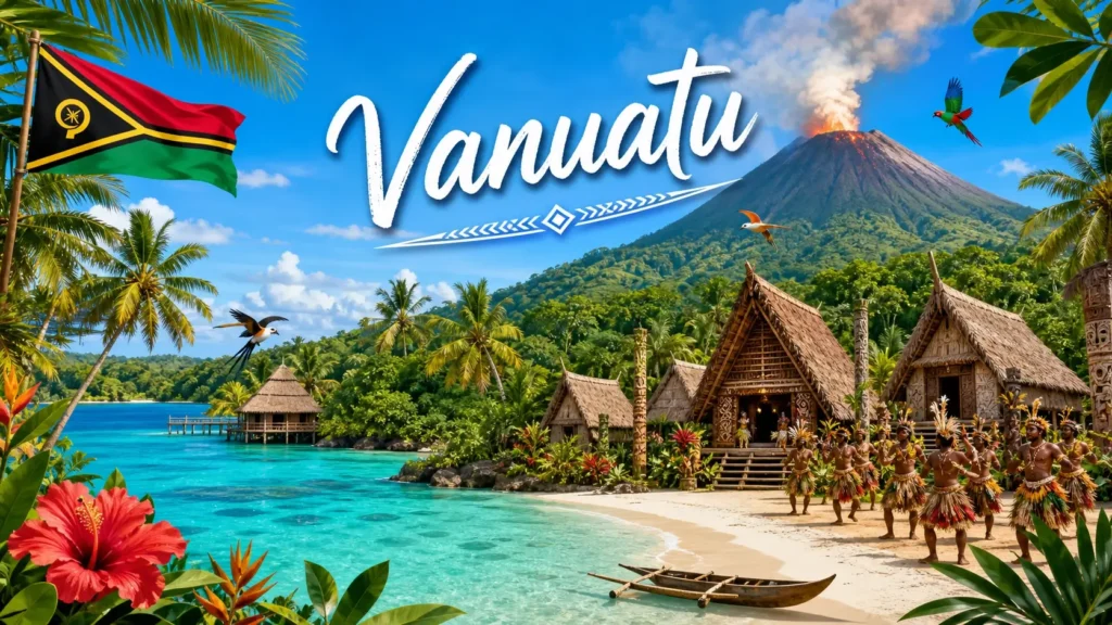 Illustration du Vanuatu avec plages tropicales, volcan, culture locale et drapeau, pour un guide des prises électriques et adaptateurs
