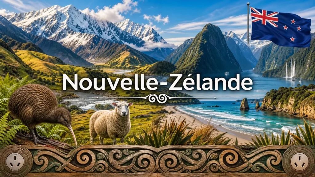 Illustration de la Nouvelle-Zélande avec paysages, kiwi, drapeau et prise électrique type I
