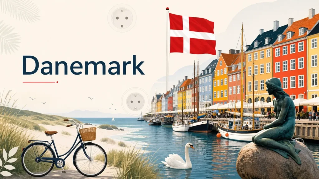 Illustration du Danemark avec Nyhavn, la Petite Sirène et le drapeau danois, représentant les prises électriques et adaptateurs utilisés dans le pays