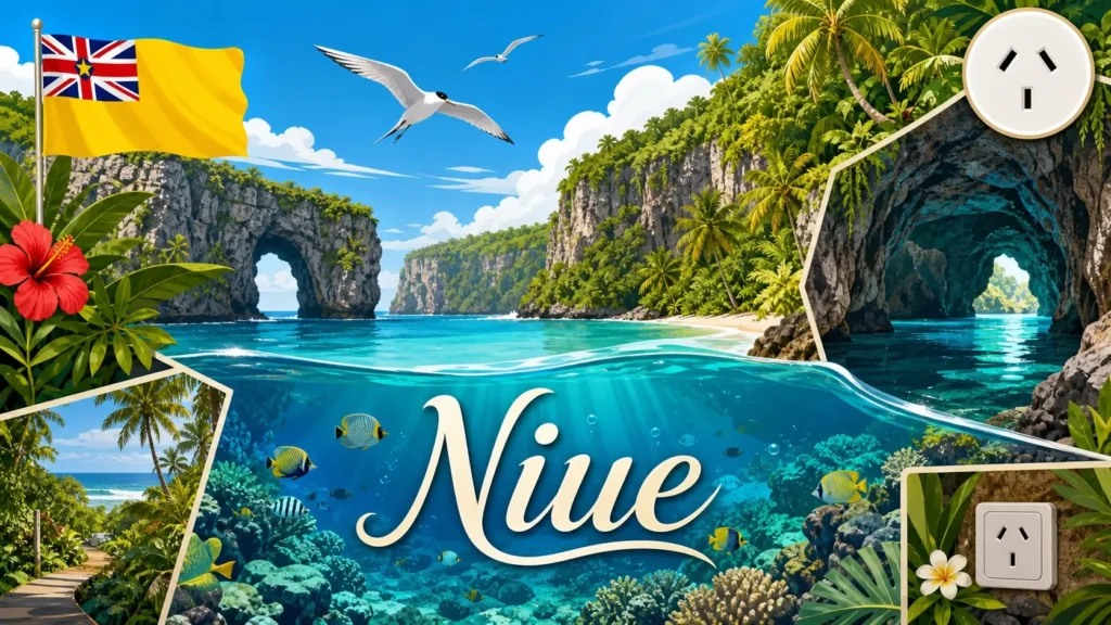 Illustration de Niue avec paysages tropicaux, drapeau national et prises électriques de type I
