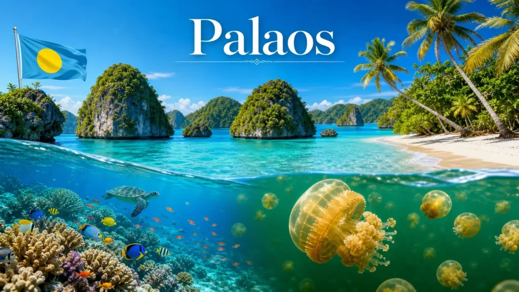 Illustration des Palaos avec îles tropicales, faune marine, drapeau paluan et nom du pays en format paysage
