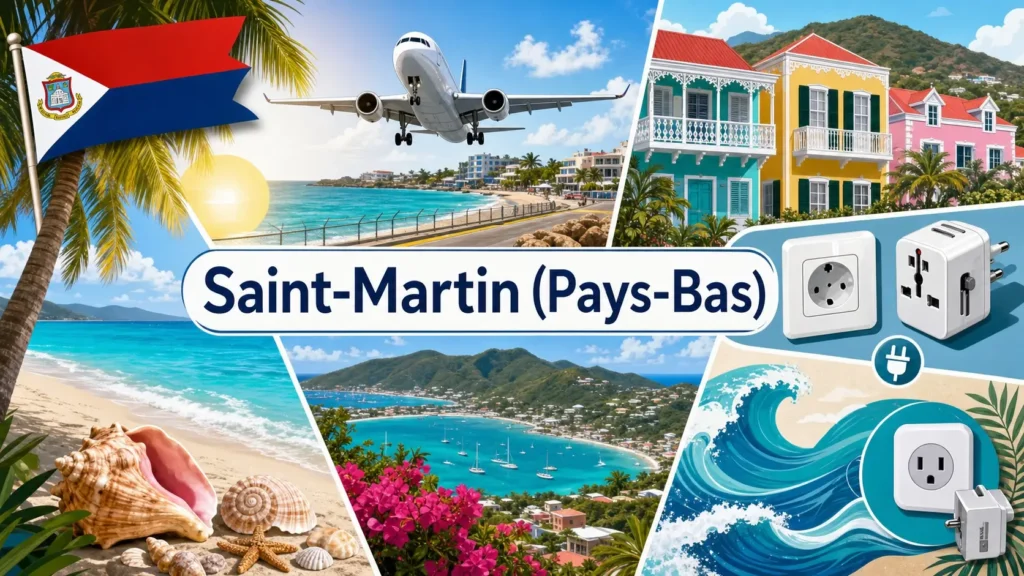 Illustration de Saint-Martin côté néerlandais avec plages, avion à Maho Beach, drapeau de Sint Maarten et éléments liés aux prises électriques et adaptateurs
