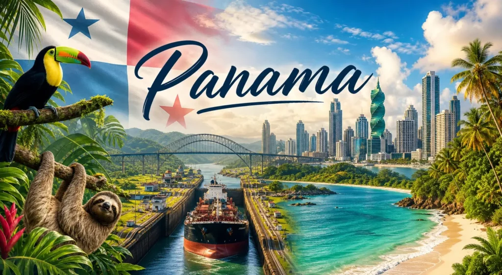 Illustration du Panama avec skyline de Panama City, canal de Panama, jungle tropicale et drapeau panaméen, pour un guide des prises électriques et adaptateurs

