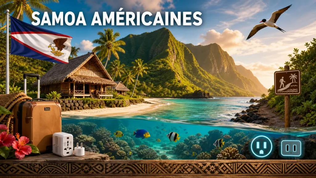 Illustration des Samoa américaines avec plages tropicales, éléments culturels locaux, drapeau et mention du pays, représentant les prises électriques et adaptateurs de voyage